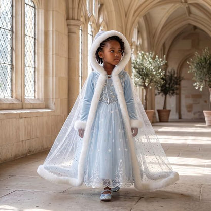 Petite fille portant une robe princesse avec cape longue à capuche