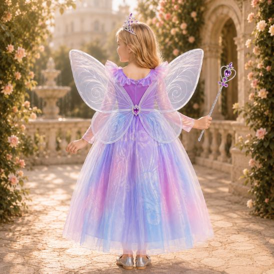 Robe princesse fille avec ailes de fée déployées, vue de dos