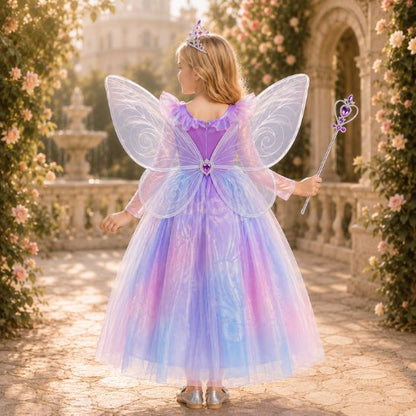 Robe princesse fille avec ailes de fée déployées, vue de dos