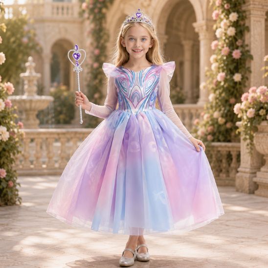 Robe princesse petite fille portée avec couronne, bijoux et baguette