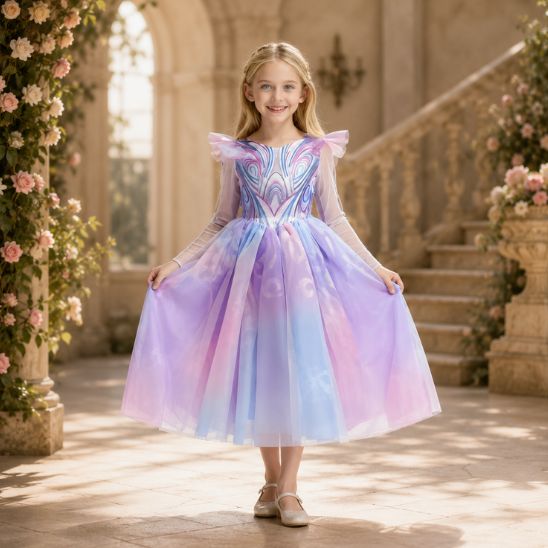 Robe princesse petite fille pastel devant un escalier de palais