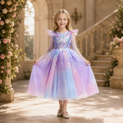 Robe princesse petite fille pastel devant un escalier de palais