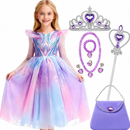 Robe princesse fille avec couronne, bijoux, baguette et sac assortis