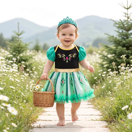 Bébé en robe verte de princesse marchant avec un panier de fleurs