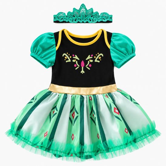 Robe princesse verte bébé vue de dos dans un jardin