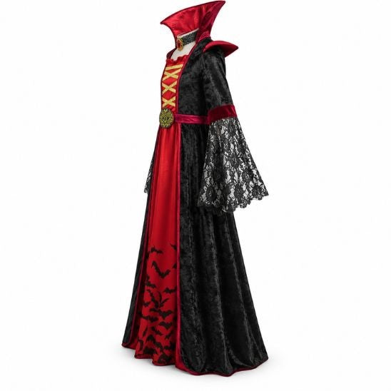 Robe de vampire pour fille vue de profil, col dressé et manche cloche en dentelle