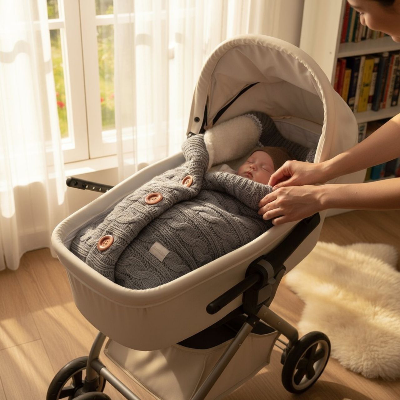 Sac de couchage enfant gris perle tricoté avec boutons en bois – gigoteuse bébé hivernale