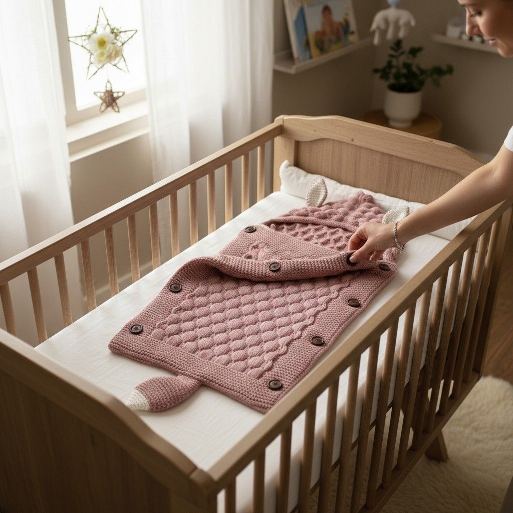 Nid d’ange bébé à capuche avec oreilles animales – sac de couchage tricoté 0-1 an mignon et chaud