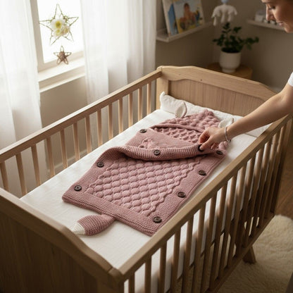 Nid d’ange bébé à capuche avec oreilles animales – sac de couchage tricoté 0-1 an mignon et chaud