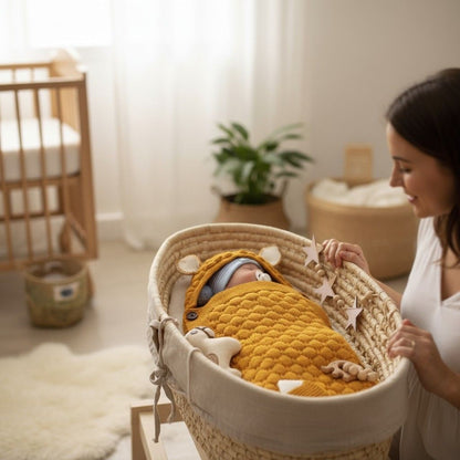 Sac de couchage bébé moutarde à capuche – nid d’ange tricoté chaud et mignon