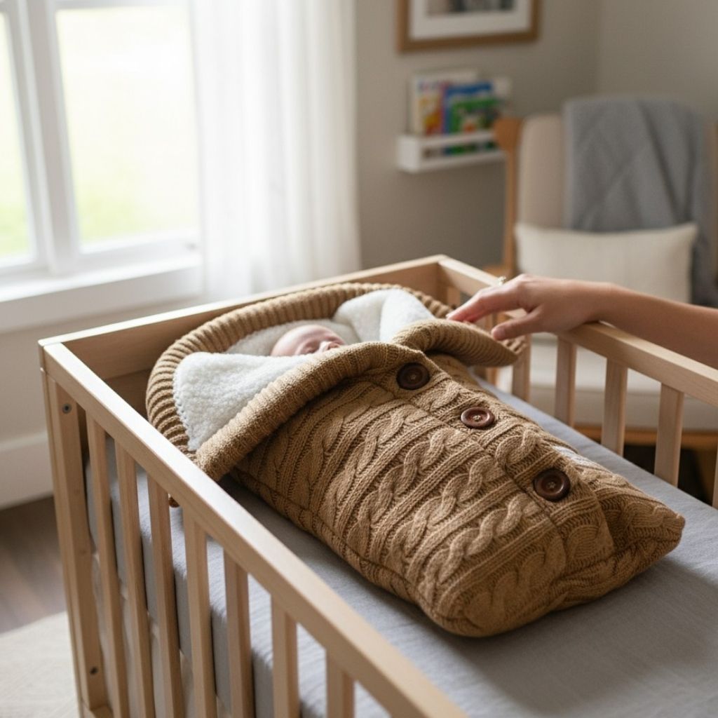 Nid d’ange bébé caramel tricoté avec boutons en bois – sac de couchage chaud et élégant