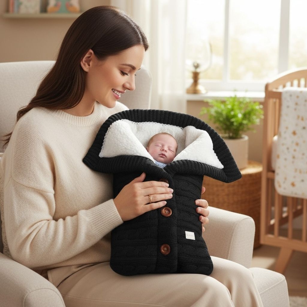 Sac de couchage enfant tricoté noir doublé polaire – nid d’ange bébé chaud pour l’hiver