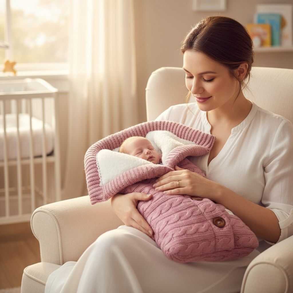 Sac de couchage bébé rose poudré en tricot et polaire douce – gigoteuse cocon