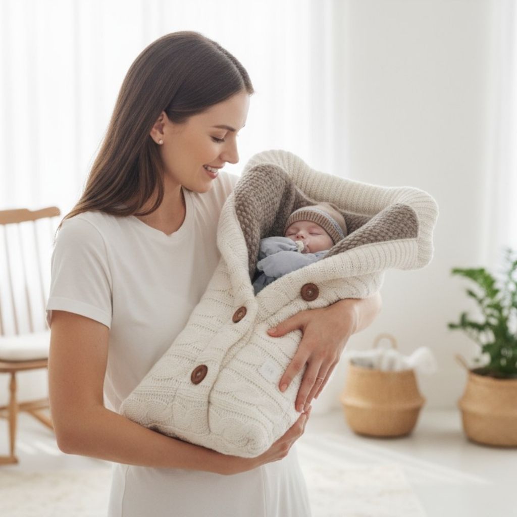 Nid d’ange tricoté doublé polaire – sac de couchage bébé hiver
