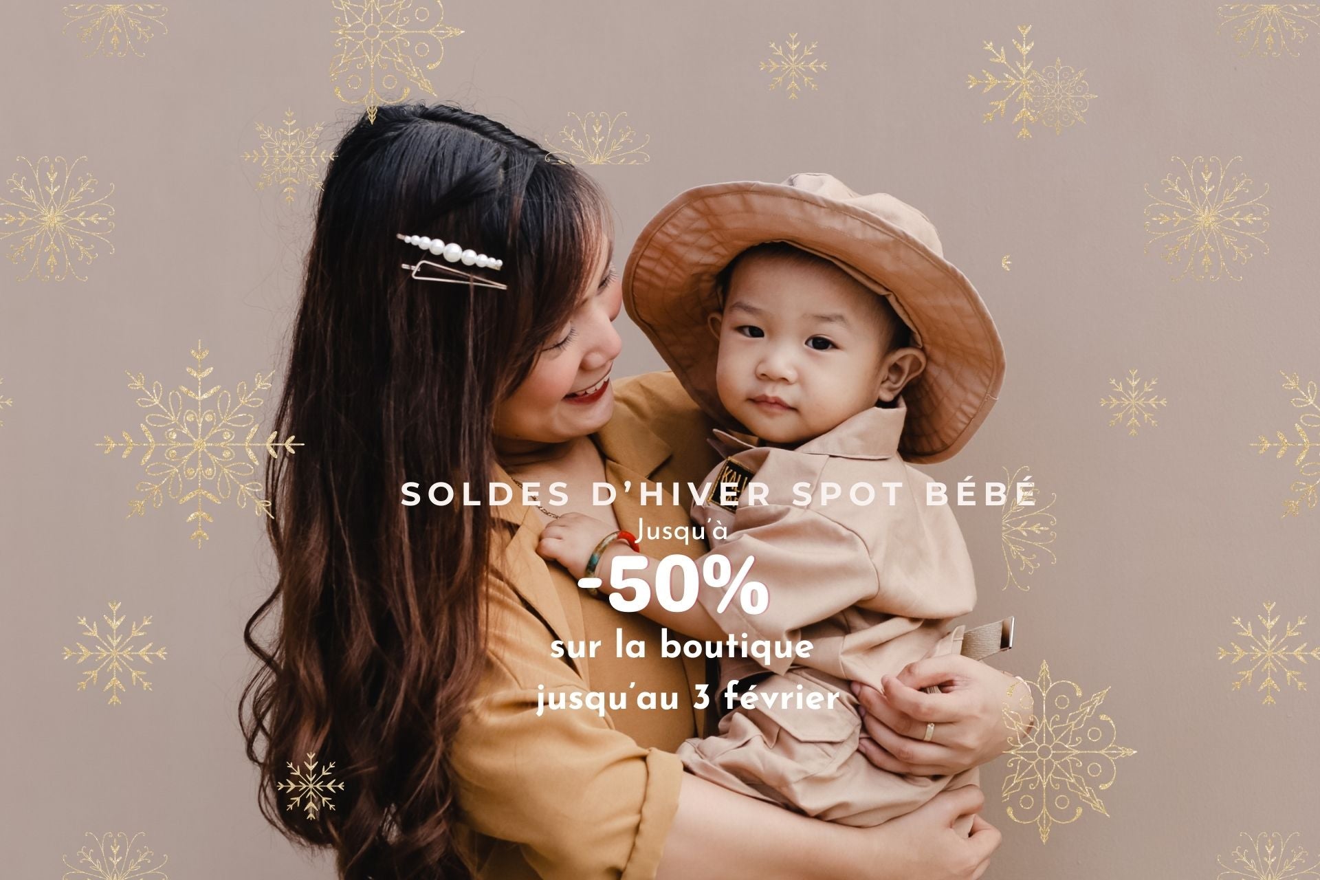 Bannière soldes d’hiver Spot Bébé jusqu’à -50 % sur une sélection bébé