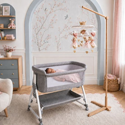 Support mobile bébé installé près d'un berceau cododo dans une chambre rose