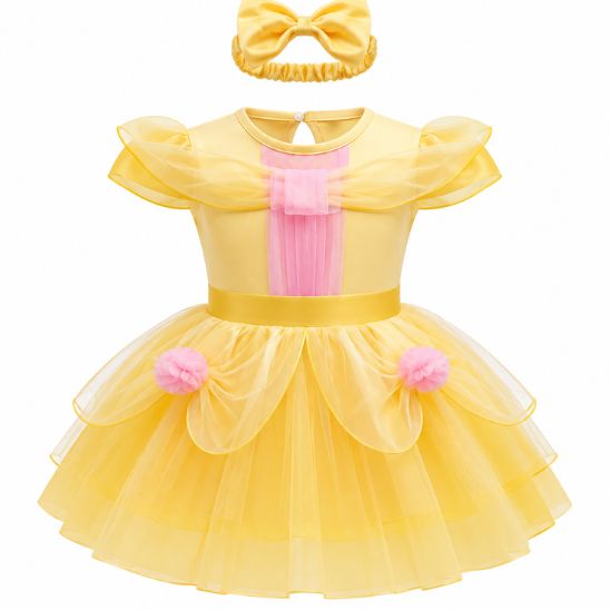 Tenues de fête bébé – robe jaune avec bandeau à nœud assorti