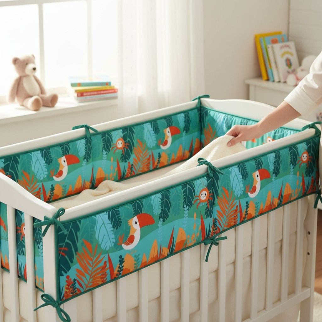 Tour de lit jungle avec animaux tropicaux colorés pour lit bébé