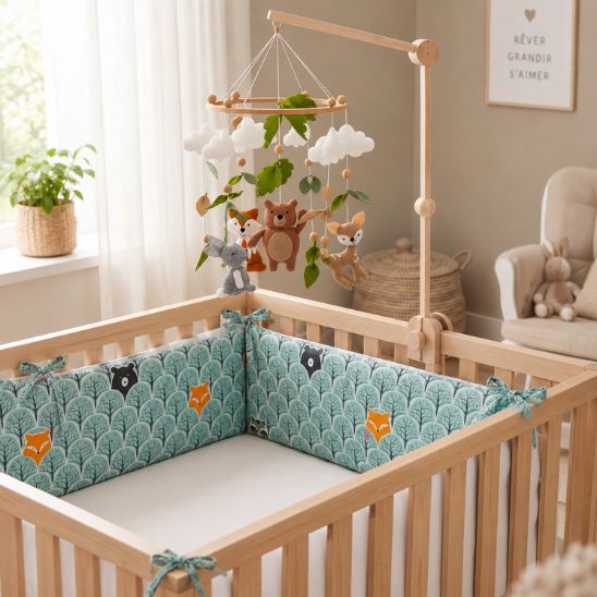 Chambre bébé avec tour de lit animaux forêt et mobile assorti