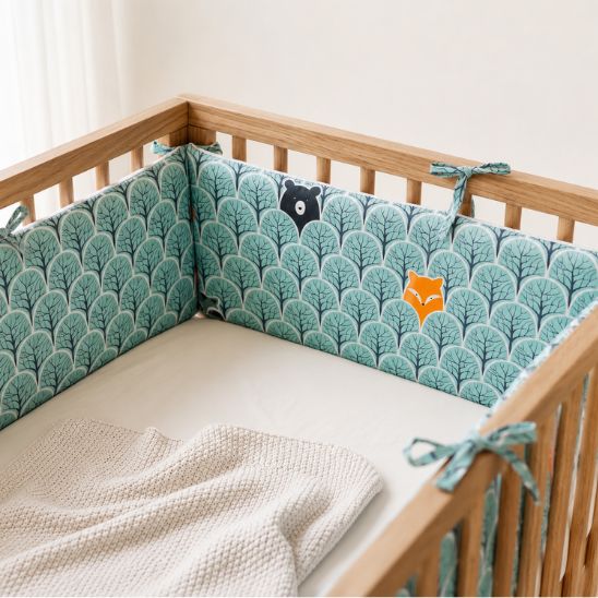 Tour de lit animaux forêt installé dans un lit bébé vide