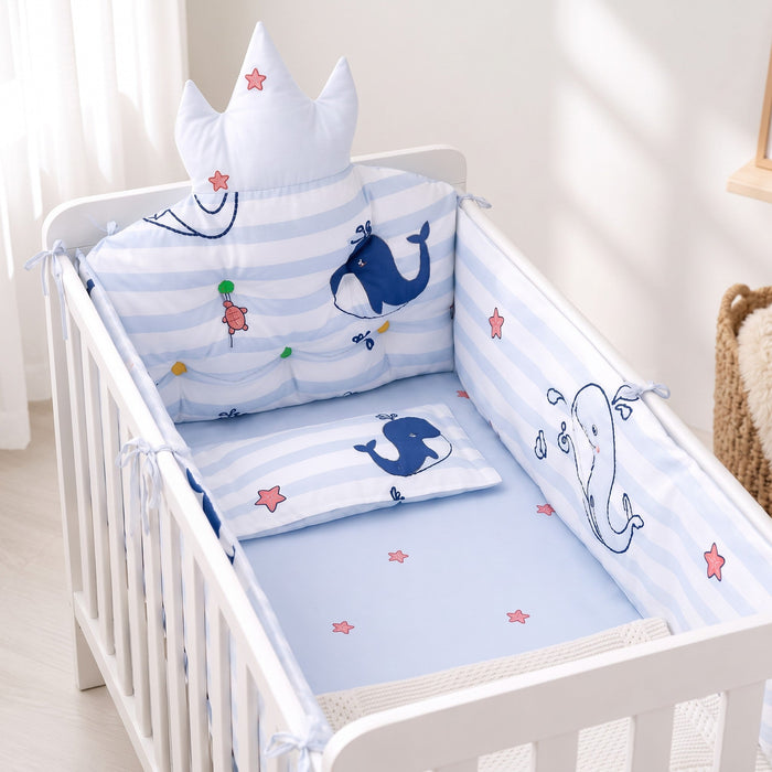 Tour de lit bébé 100 % coton bleu et blanc avec baleines et étoiles de mer