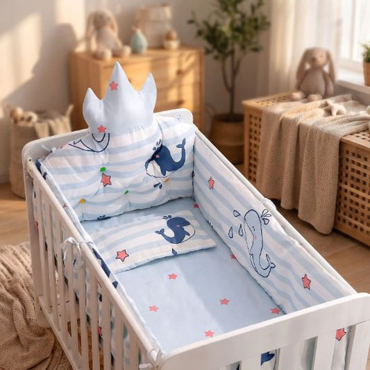 Tour de lit bébé motif baleine bleu – chambre scandinave lumineuse