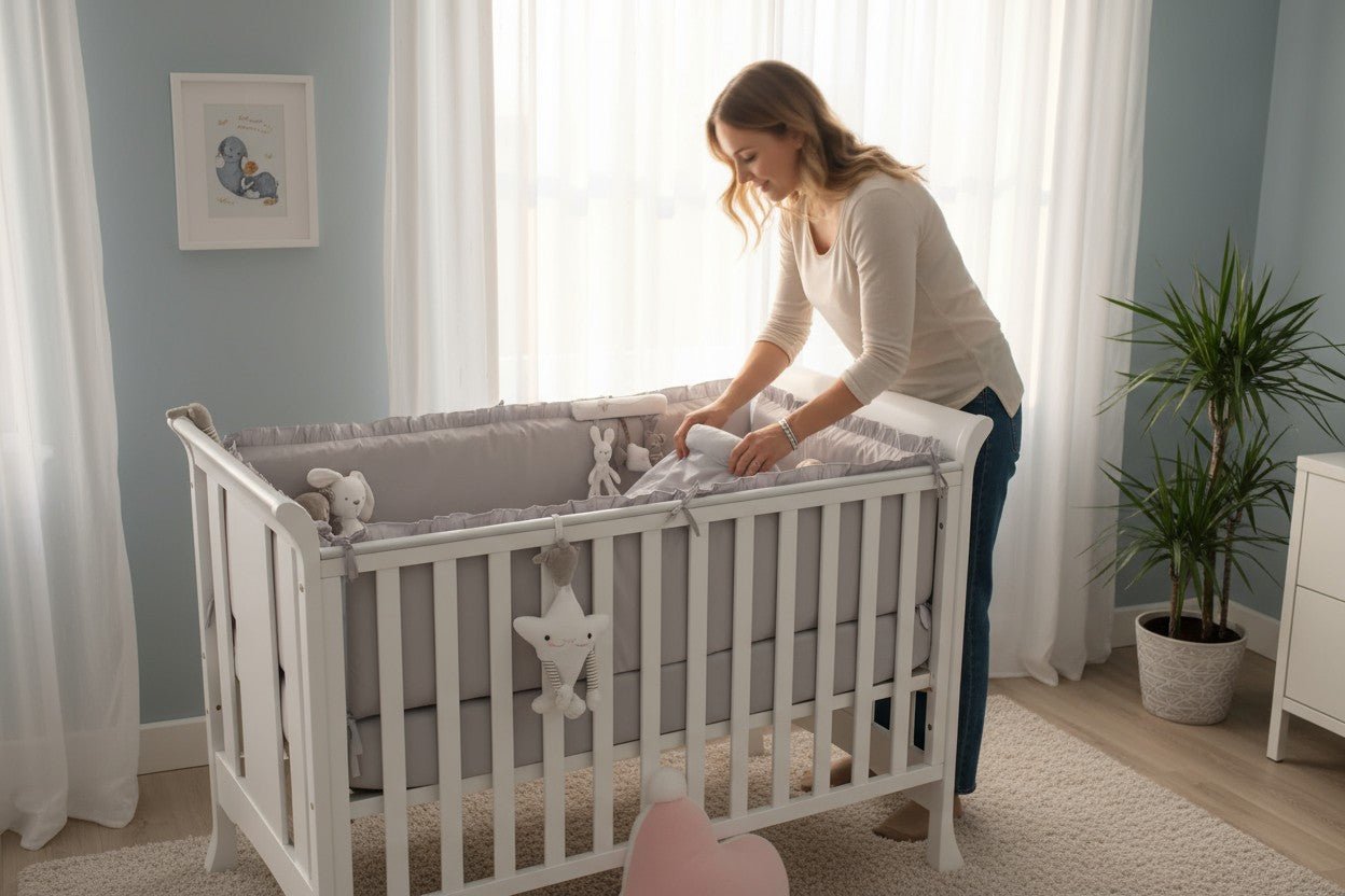 Détail du tour de lit bébé complet 5 pièces gris – coussins doux et respirants en coton