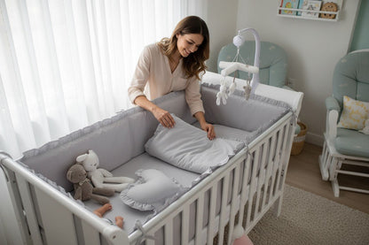 Ensemble tour de lit bébé complet 5 pièces gris – installation simple et rangement compact