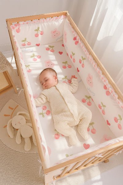 Tour de lit bébé complet - Fille motif cerises & lapins roses – Accessoire bébé doux | Spot Bébé