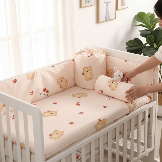 Tour de lit bébé fille ourson fraise vue complète lit bébé chambre claire