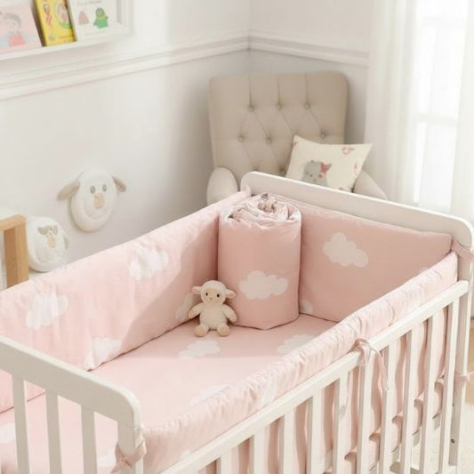 Tour de lit bébé fille nuage rose vue complète lit bébé chambre pastel
