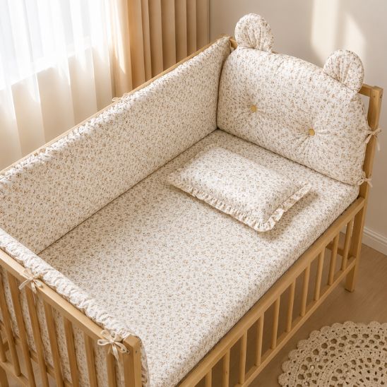 Tour de lit bébé fleurs champêtres beige et écru dans lit en bois