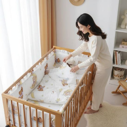 Tour de lit bébé ourson maman qui prépare le lit berceau bois naturel