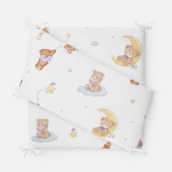 Tour de lit bébé ourson lune étoiles set 5 pièces coton blanc à plat