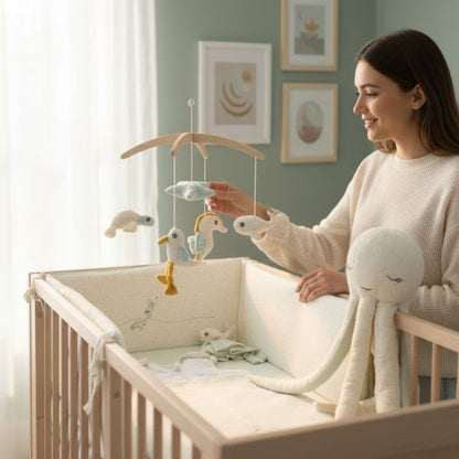 Tour de lit bébé réversible vert d’eau et beige, déco scandinave et apaisante