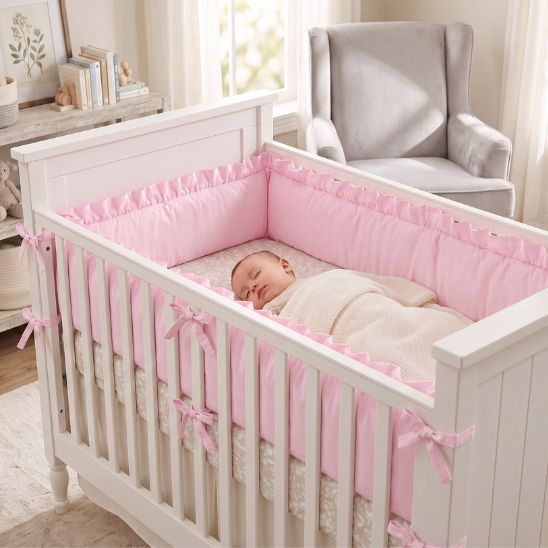 Tour de lit bébé rose à volant installé dans un berceau blanc