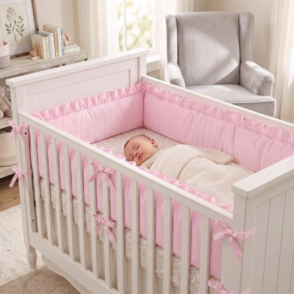 Tour de lit bébé rose à volant installé dans un berceau blanc