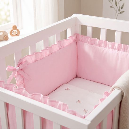 Tour de lit bébé rose à volant fixé aux barreaux du berceau