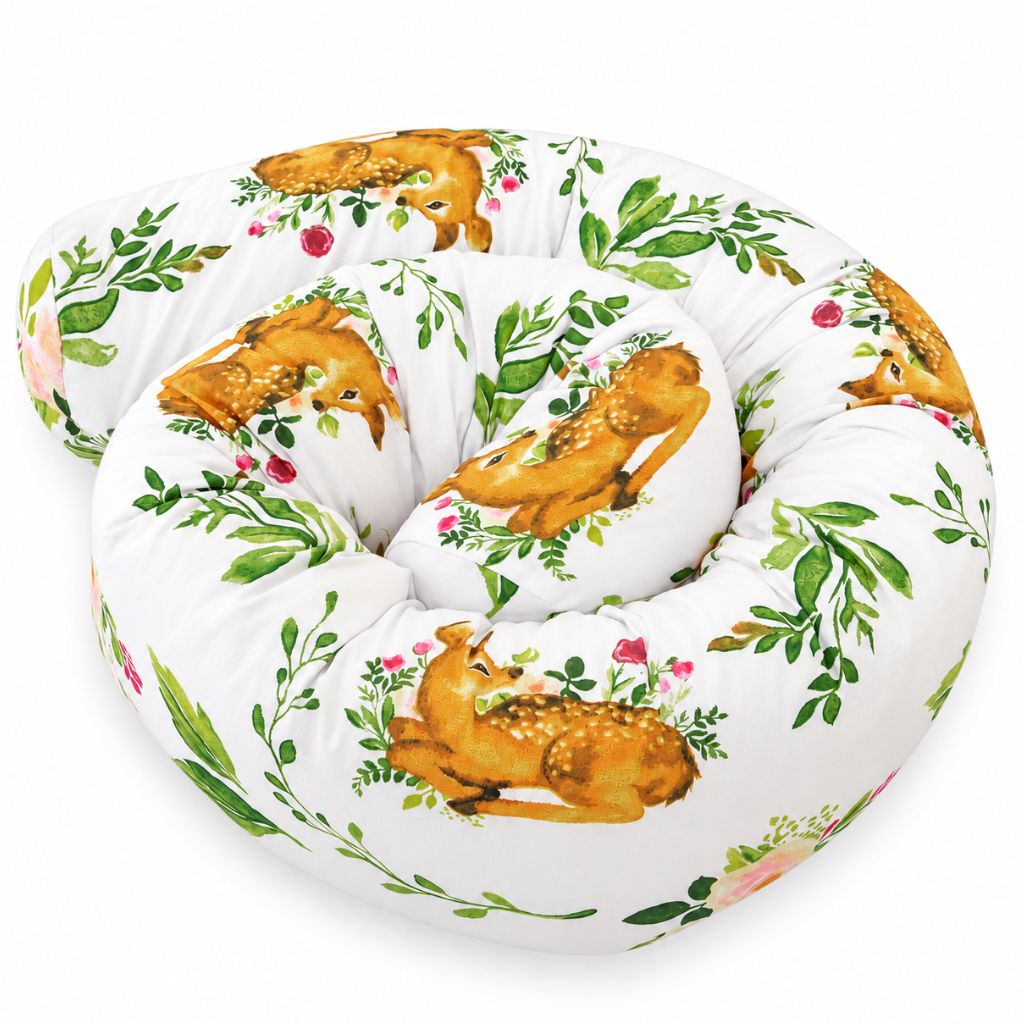 Tour de lit boudin Petit Faon enroulé, coton blanc à faons et roses aquarelle