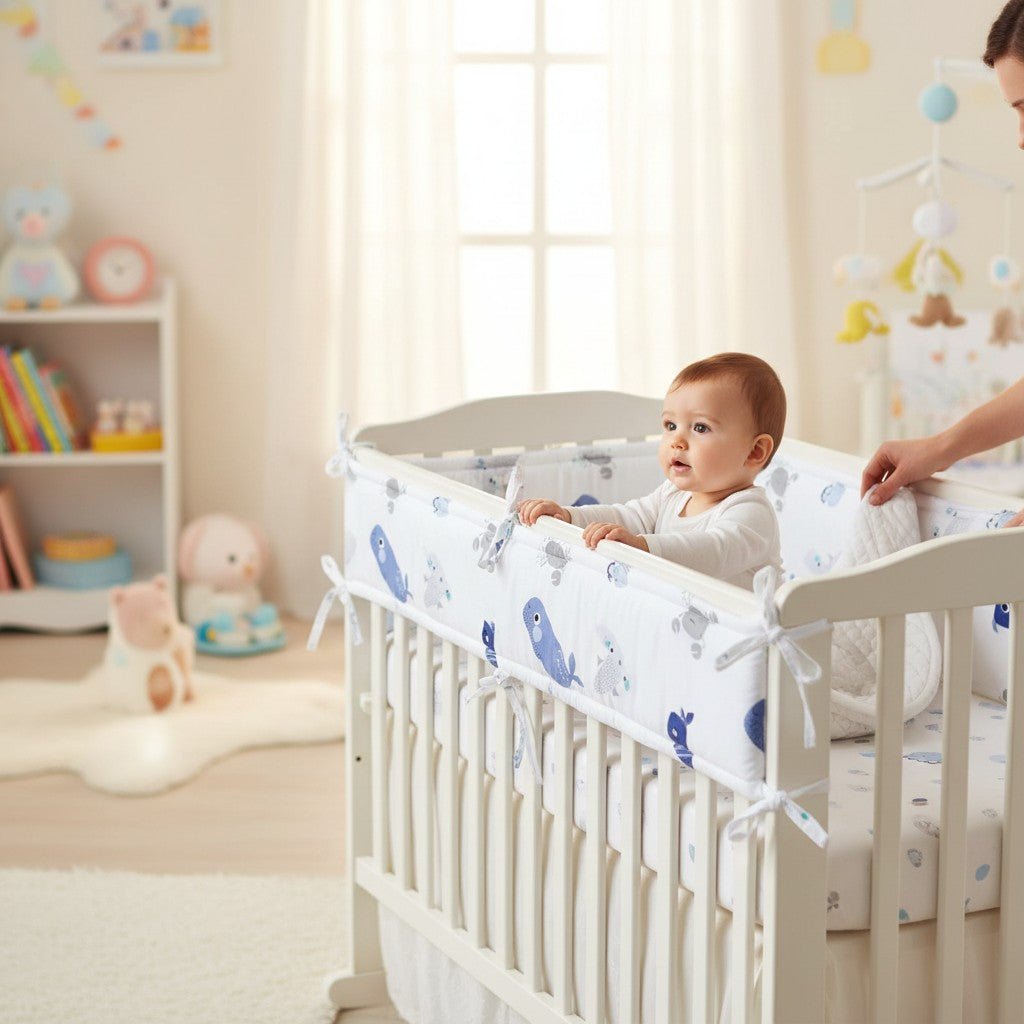 Tour de lit garçon bleu motif poisson et crabe, ambiance bord de mer – Spot Bébé™