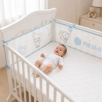 Tour de lit maille respirante petite souris bleue bébé souriant berceau