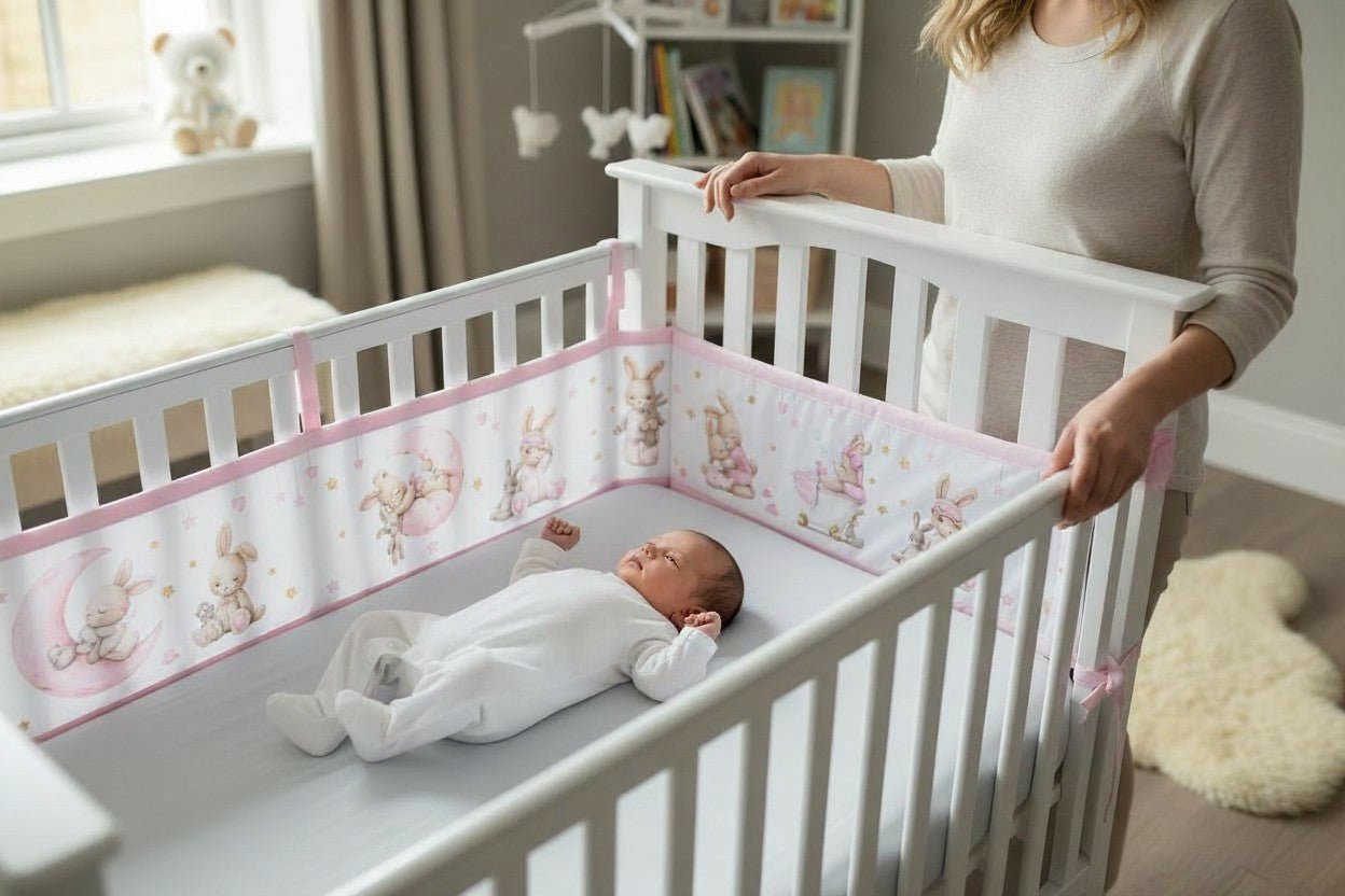 Tour de lit respirant bébé motif lapins rose, protection douce et aérée.