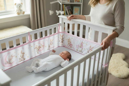 Tour de lit respirant bébé motif lapins rose, protection douce et aérée.