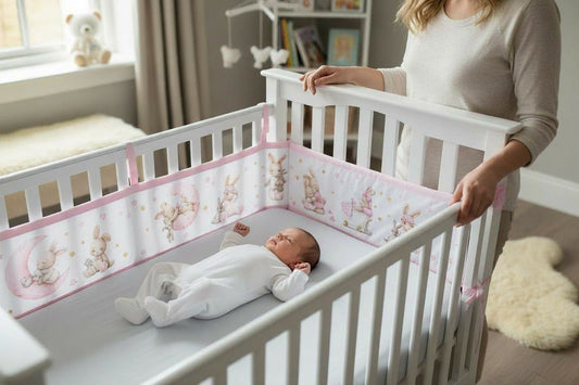 Tour de lit respirant bébé motif lapins rose, protection douce et aérée.
