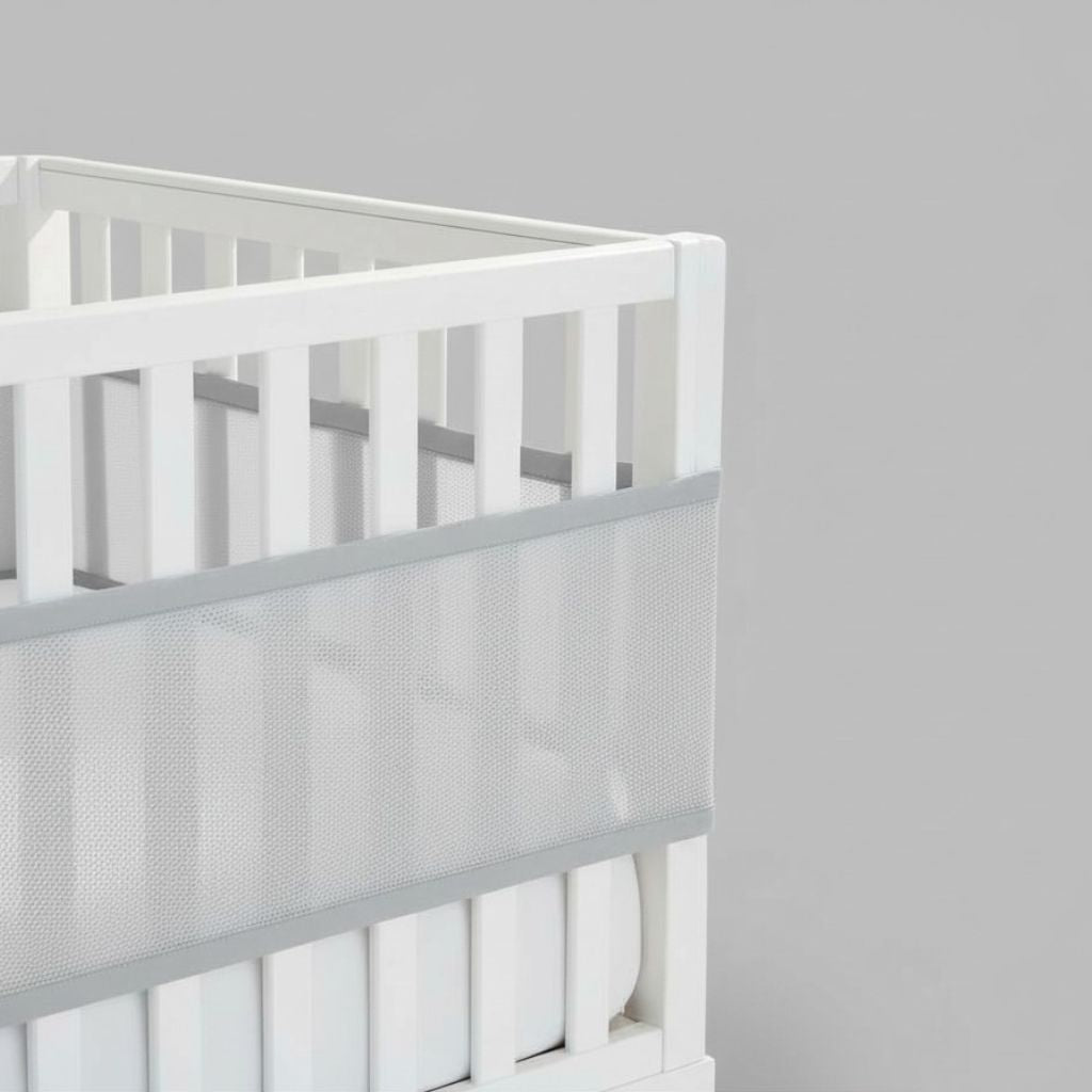 Tour de lit bébé en maille aérée grise facile à installer sur lit à barreaux
