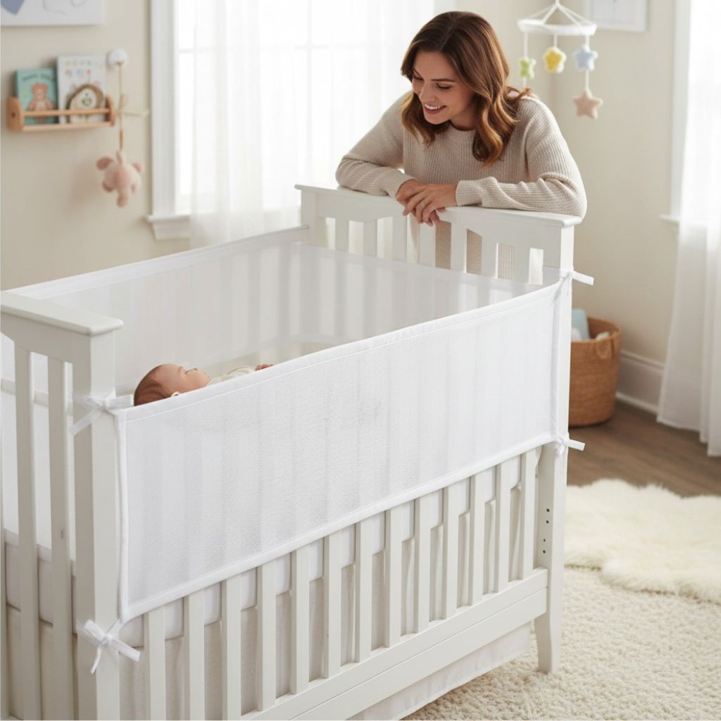 Tour de lit bébé en maille respirante blanche assurant sécurité et aération