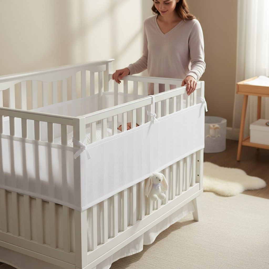 Tour de lit bébé en maille aérée blanche facile à installer sur lit à barreaux