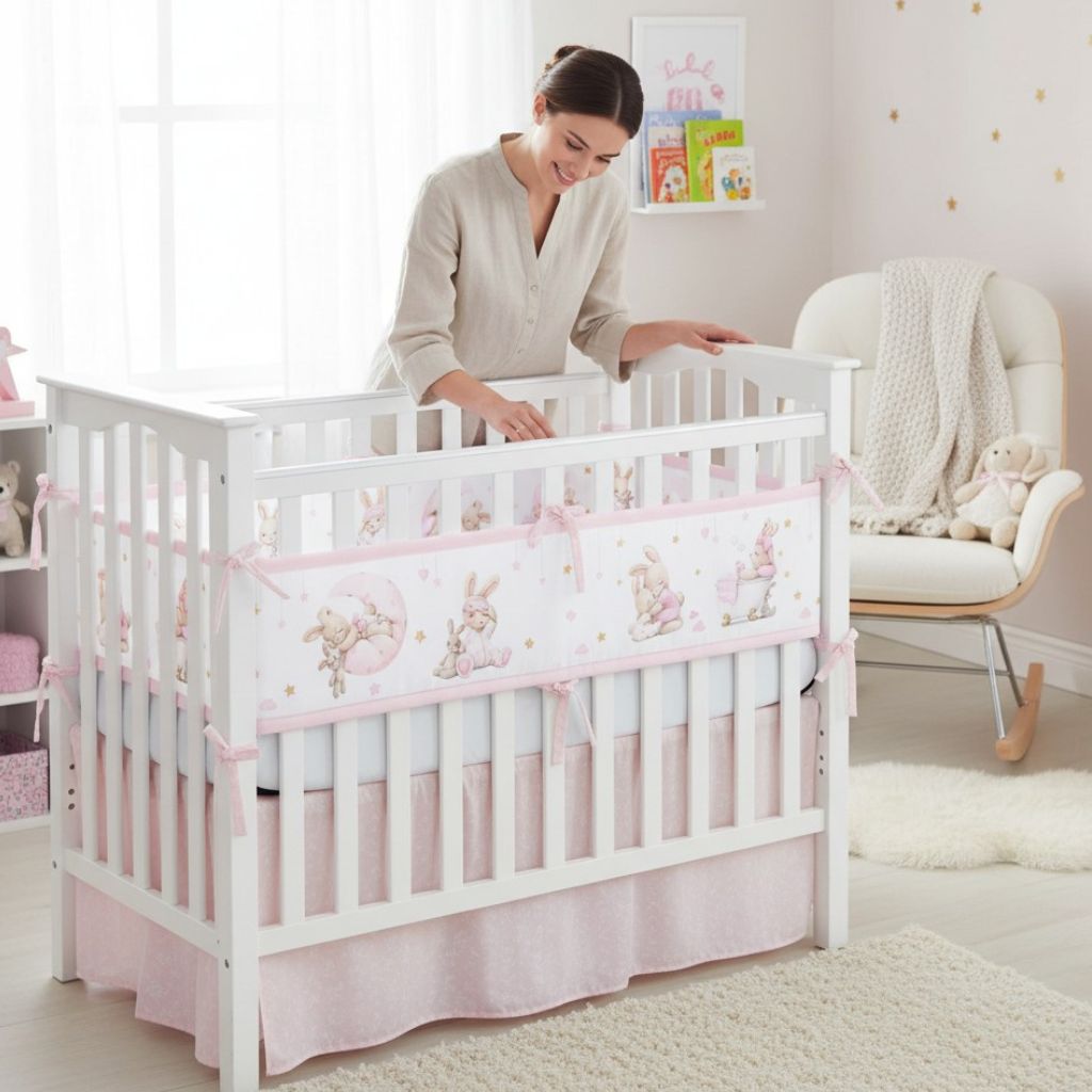 Tour de lit bébé en maille respirante avec lapins doux et roses