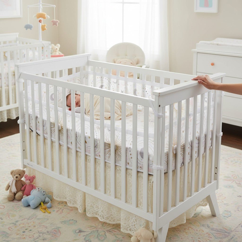 Tour de lit respirant cosmos pour bébé, maille respirante et design apaisant.