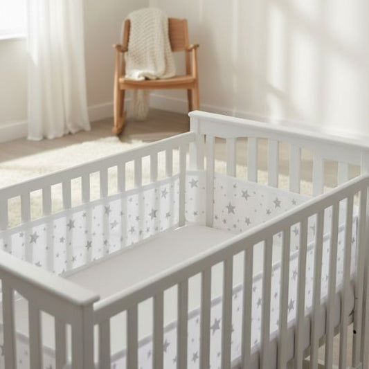 Tour de lit respirant étoiles grises installé dans lit à barreaux blanc chambre bébé
